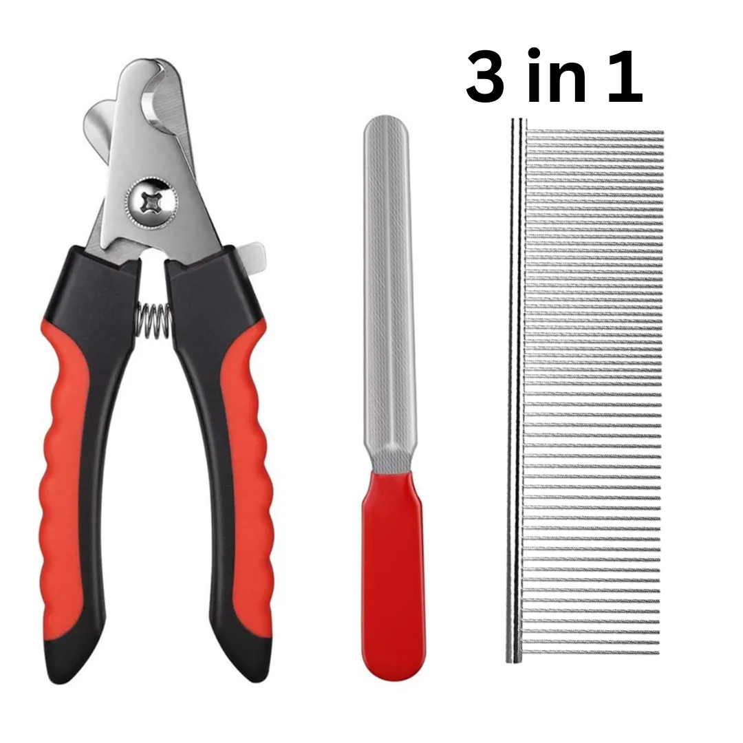 Pawzo Pet Nail Clipper & Grooming Comb Combo | Stainless Steel Dog & Cat Nail Cutter with Nail File & Lice Comb | Safe & Easy Pet Grooming Kit for Dogs, Cats & Puppies