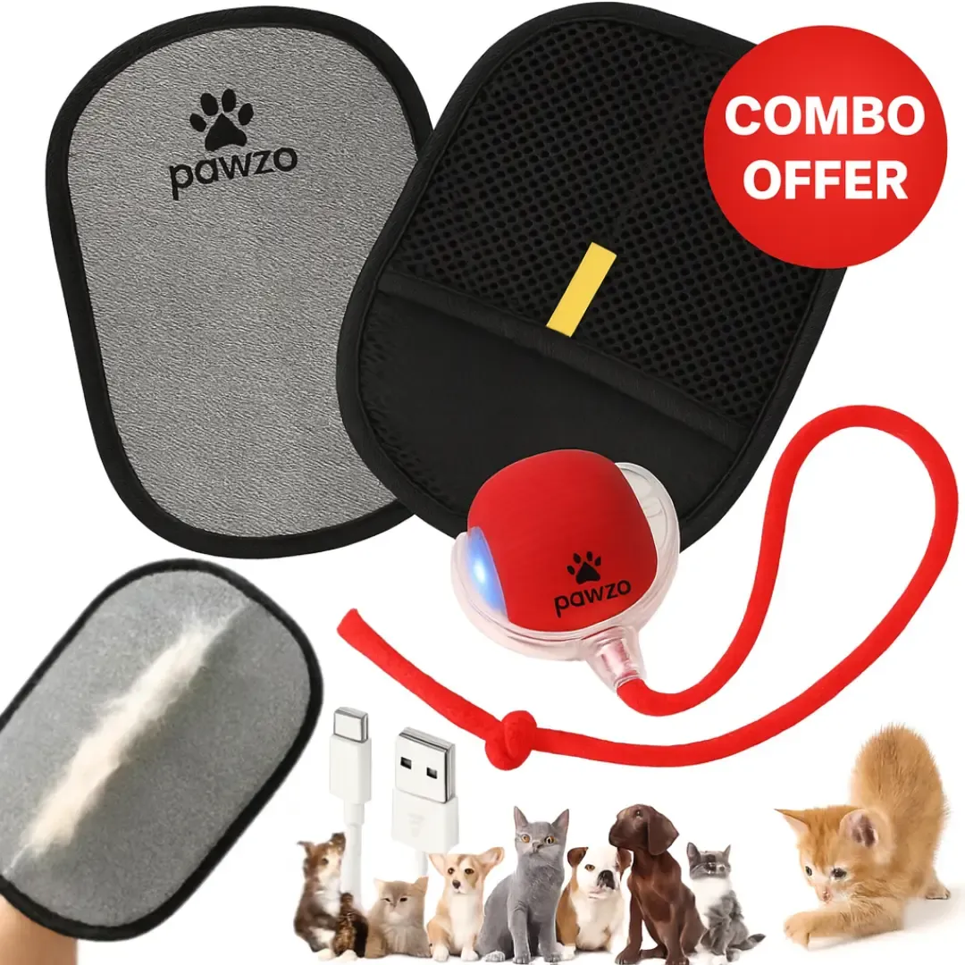 Pawzo™ Pet Grooming Glove + Smart Interactive Charging Ball Toy Combo for Dogs & Cats | Hair Removal & Active Play Combo