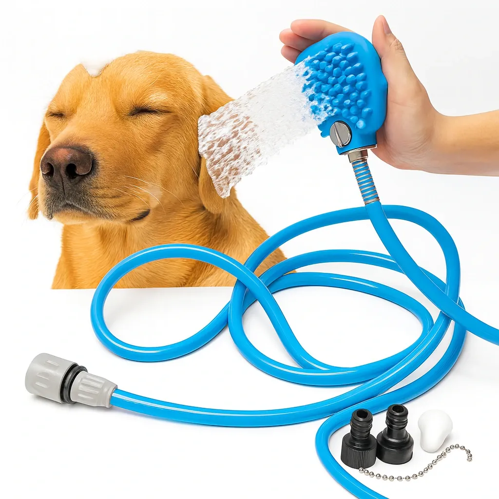 Pawzo 3-in-1 Pet Bathing Shower Sprayer & Grooming Brush – Dog Bath Hose with Adjustable Water Flow, Massage Scrubber & Universal Faucet Adapter (For Dogs & Cats)