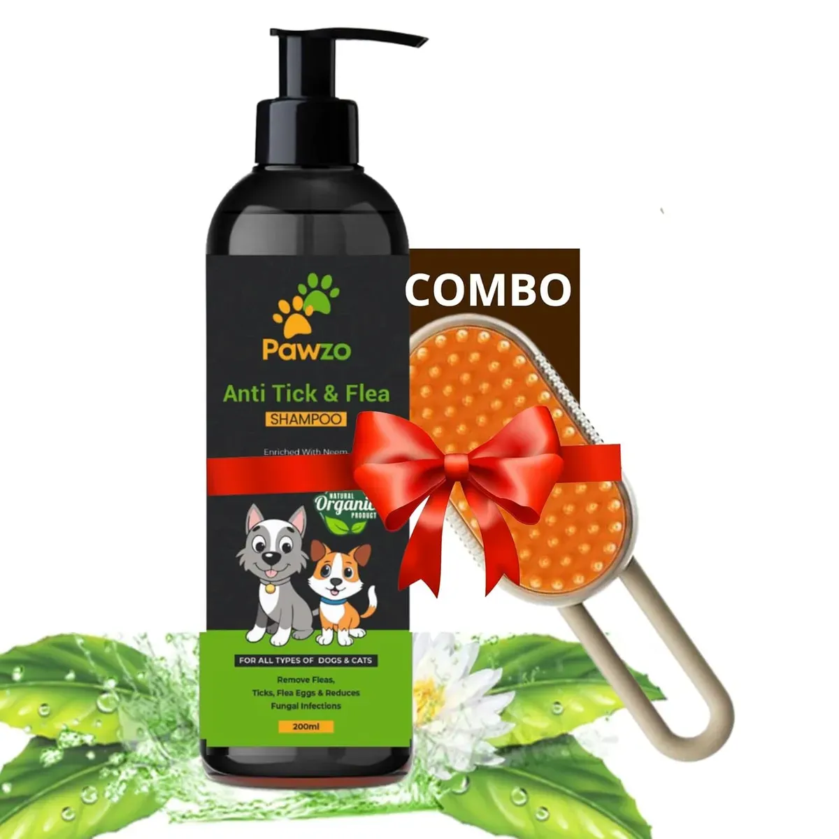 Pawzo Anti Tick & Flea Shampoo + Grooming Brush Combo | Natural Neem Formula | Dogs & Cats | 200ml