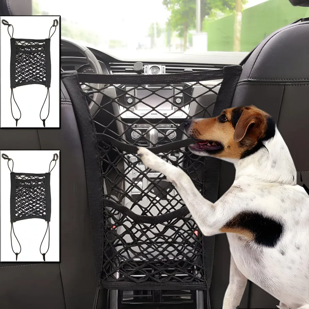 Pawzo Pet Car Safety Mesh Barrier – Prevents Pets from Jumping to Front Seat | Dog Car Divider & Storage Pocket