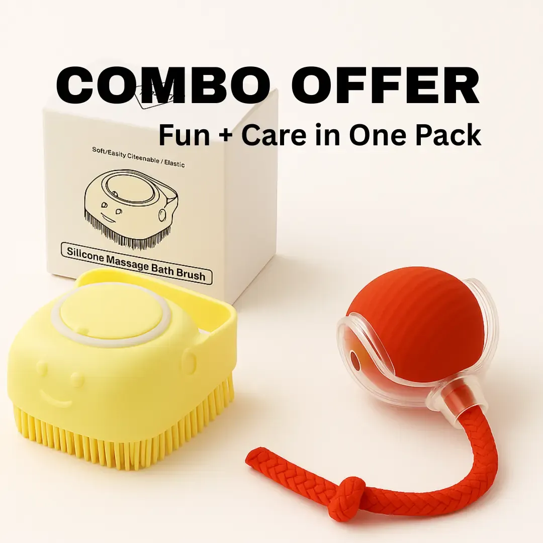 Pawzo™ Pet Toy & Bath Brush Combo | Interactive Play Ball + Soft Silicone Grooming Brush for Dogs & Cats | Fun + Care in One Pack
