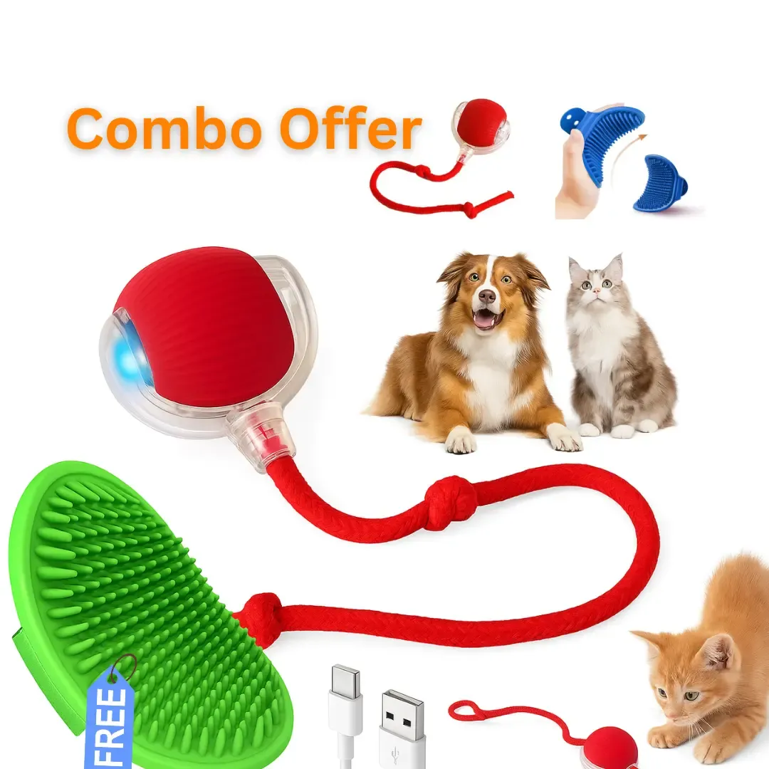 Pawzo™ Smart Pet Chase Ball with LED Light & Free Silicone Grooming Brush | Interactive Toy for Dogs & Cats