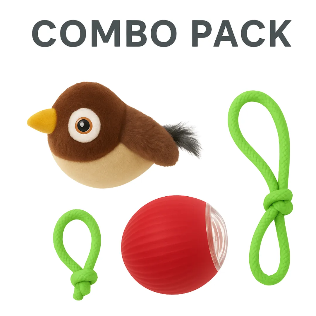 Cat Toys Combo – Rechargeable Chirping Bird + Durable Rope Ball