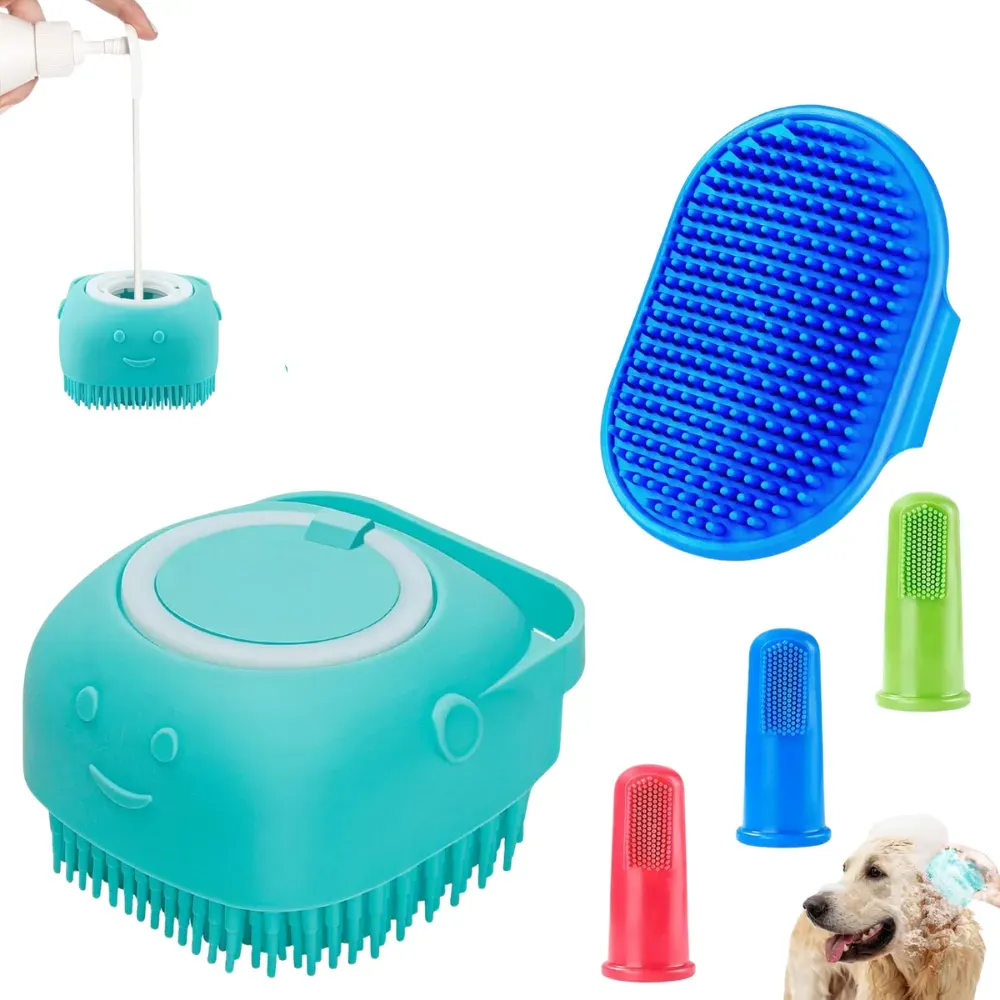 Pawzo Pet Bath Brush with Shampoo Dispenser | Soft Silicone Dog & Cat Grooming Scrubber | Adjustable Finger Toothbrush Set for Pet Cleaning & Massage