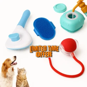 Pawzo™ Pet Grooming Combo – 4-in-1 Bathing Brush, Hair Remover & Fun Toy Ball for Dogs & Cats
