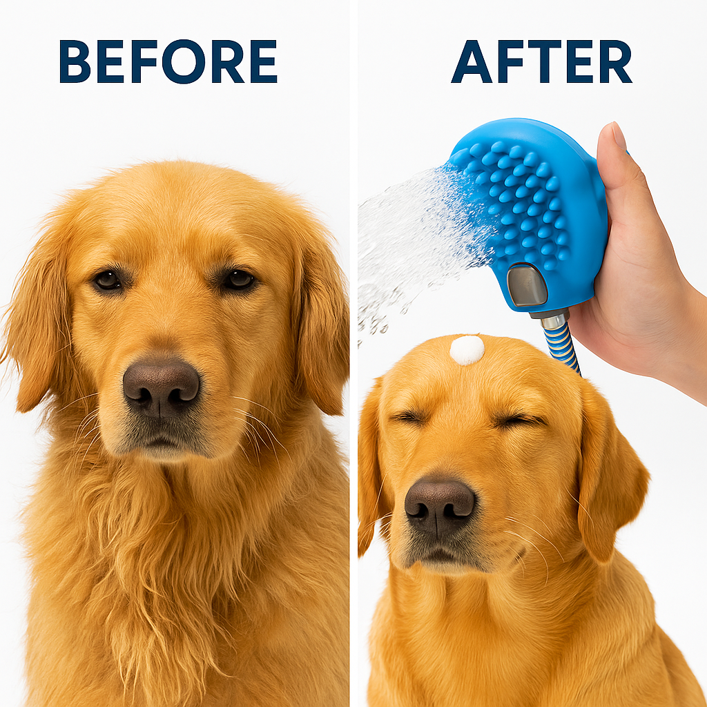 Pawzo 3-in-1 Pet Bathing Shower Sprayer & Grooming Brush – Dog Bath Hose with Adjustable Water Flow, Massage Scrubber & Universal Faucet Adapter (For Dogs & Cats) - Image 2
