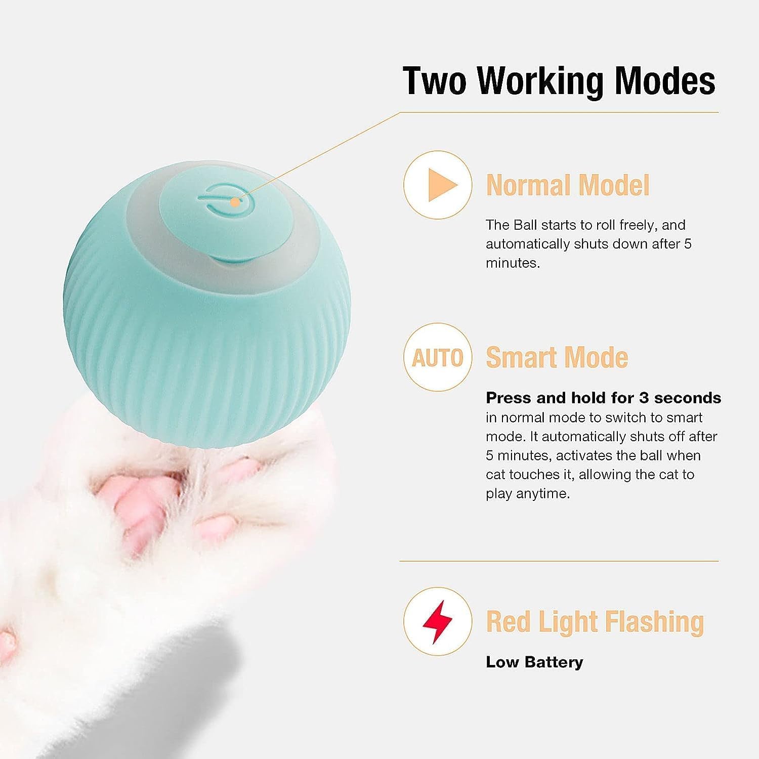 Pawzo Interactive Smart Cat Ball,Quiet Cat Toys for Indoor Cats Adult Automatic 360° Rotating Kitten Toys,Intelligent Automatic Mobile Ball USB Charging Pet Toy,Fun Gift for Kitten - Image 2